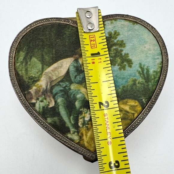 Schmid Bros Vtg Heart-Shaped Metal Trinket Box Silk Art Lid "Spring" By Boucher - Picture 3 of 10